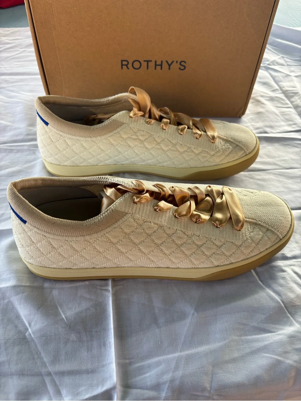 Rothy's Cream Knit Sneakers with Satin Champagne Ribbon Laces